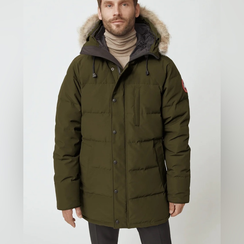 Canada Goose Carson Parka. Men's Dark Green Puffer Jacket with Fur Hood